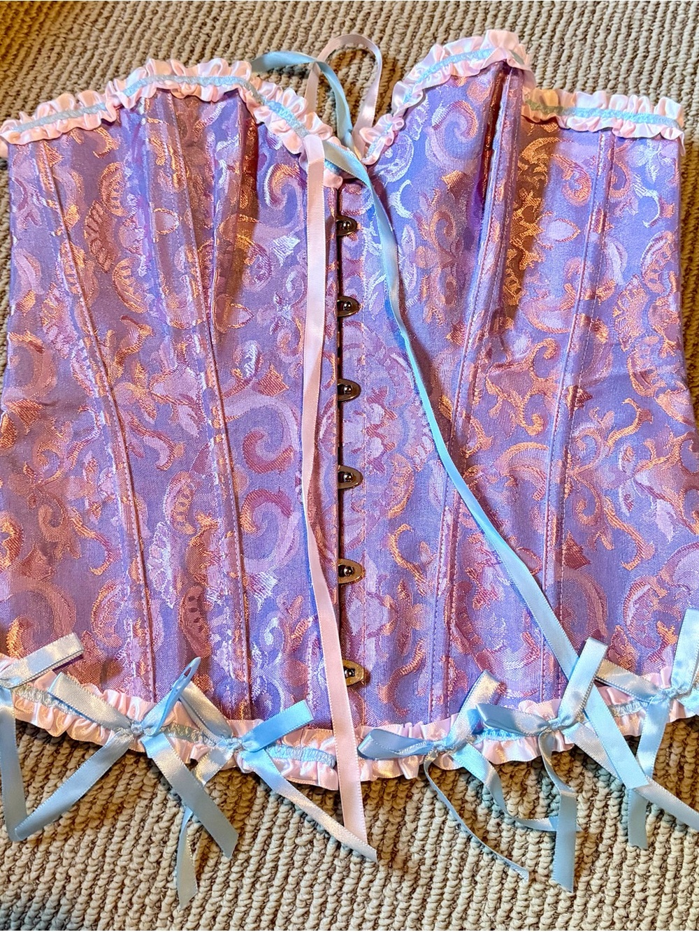 Lavender Brocade Corset with Pastel Ribbon Trim